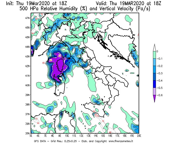 Mappa di analisi GFS - Umidità relativa [%] e Omega [Pa/s] a 500 hPa in Italia
							del 19/03/2020 18 <!--googleoff: index-->UTC<!--googleon: index-->
