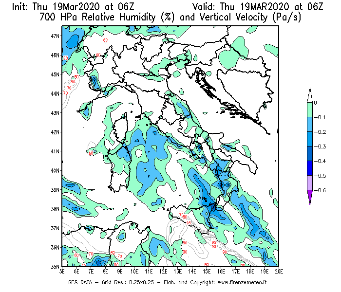 Mappa di analisi GFS - Umidità relativa [%] e Omega [Pa/s] a 700 hPa in Italia
							del 19/03/2020 06 <!--googleoff: index-->UTC<!--googleon: index-->