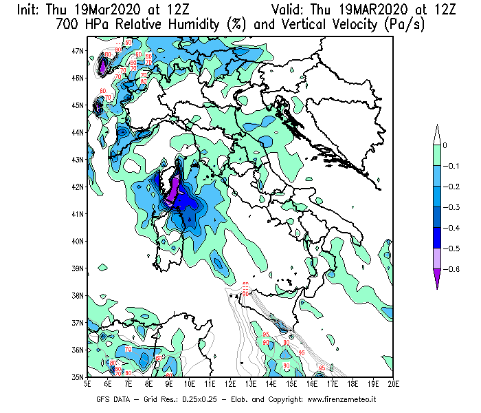 Mappa di analisi GFS - Umidità relativa [%] e Omega [Pa/s] a 700 hPa in Italia
							del 19/03/2020 12 <!--googleoff: index-->UTC<!--googleon: index-->