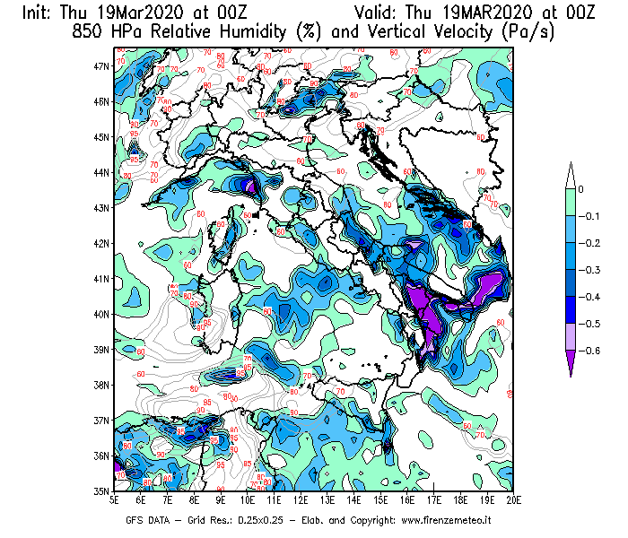Mappa di analisi GFS - Umidità relativa [%] e Omega [Pa/s] a 850 hPa in Italia
							del 19/03/2020 00 <!--googleoff: index-->UTC<!--googleon: index-->