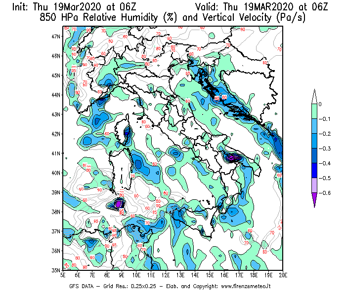 Mappa di analisi GFS - Umidità relativa [%] e Omega [Pa/s] a 850 hPa in Italia
							del 19/03/2020 06 <!--googleoff: index-->UTC<!--googleon: index-->