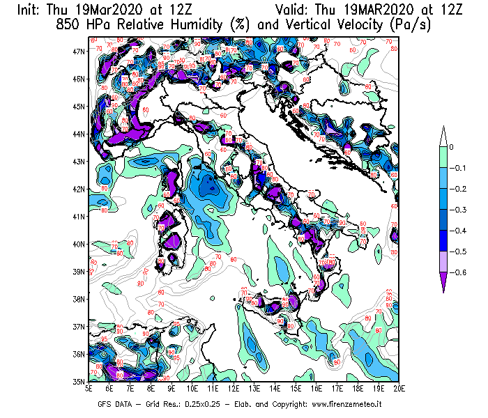 Mappa di analisi GFS - Umidità relativa [%] e Omega [Pa/s] a 850 hPa in Italia
							del 19/03/2020 12 <!--googleoff: index-->UTC<!--googleon: index-->