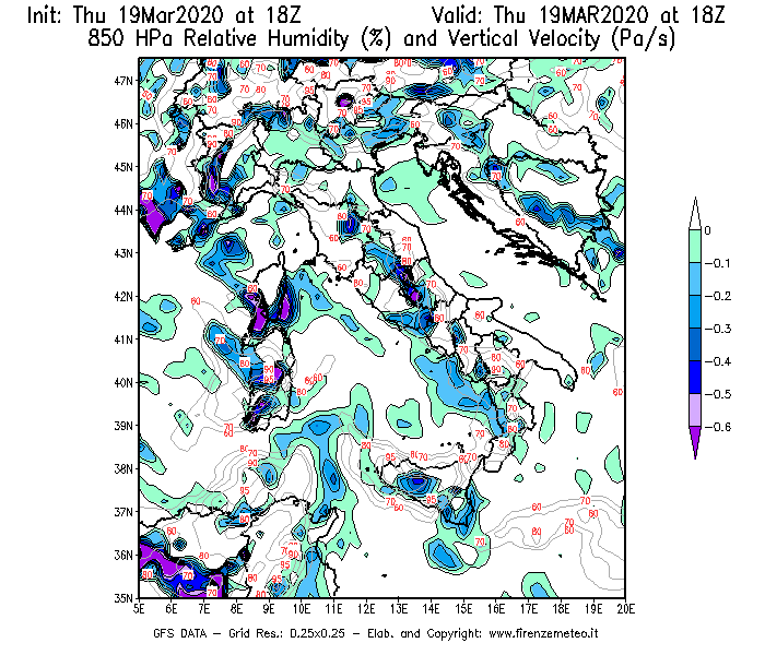 Mappa di analisi GFS - Umidità relativa [%] e Omega [Pa/s] a 850 hPa in Italia
							del 19/03/2020 18 <!--googleoff: index-->UTC<!--googleon: index-->