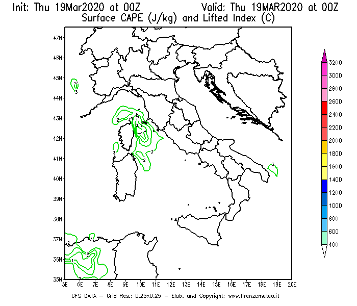 Mappa di analisi GFS - CAPE [J/kg] e Lifted Index [°C] in Italia
							del 19/03/2020 00 <!--googleoff: index-->UTC<!--googleon: index-->