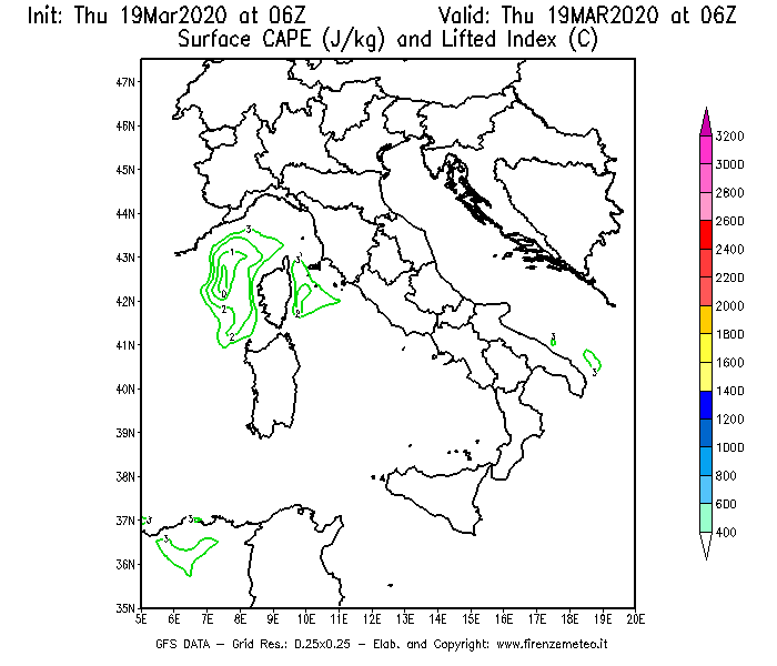 Mappa di analisi GFS - CAPE [J/kg] e Lifted Index [°C] in Italia
							del 19/03/2020 06 <!--googleoff: index-->UTC<!--googleon: index-->
