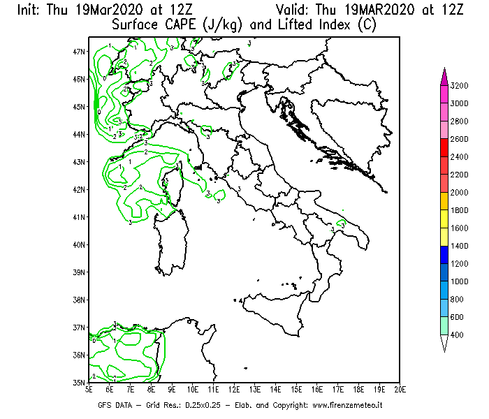 Mappa di analisi GFS - CAPE [J/kg] e Lifted Index [°C] in Italia
							del 19/03/2020 12 <!--googleoff: index-->UTC<!--googleon: index-->