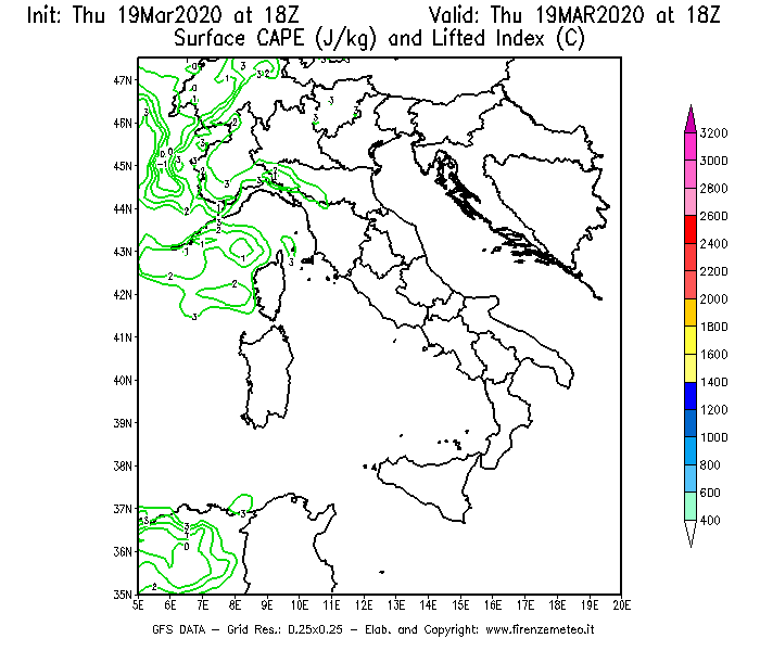 Mappa di analisi GFS - CAPE [J/kg] e Lifted Index [°C] in Italia
							del 19/03/2020 18 <!--googleoff: index-->UTC<!--googleon: index-->