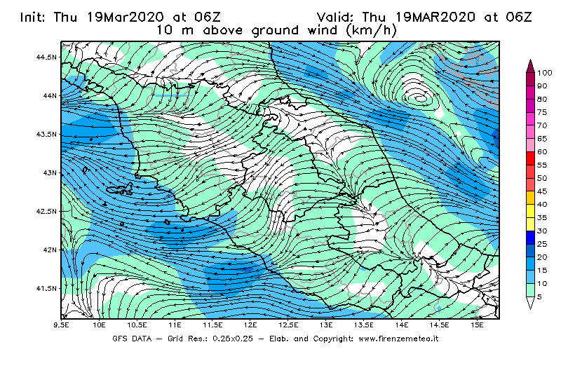 Mappa di analisi GFS - Velocità del vento a 10 metri dal suolo [km/h] in Centro-Italia
							del 19/03/2020 06 <!--googleoff: index-->UTC<!--googleon: index-->