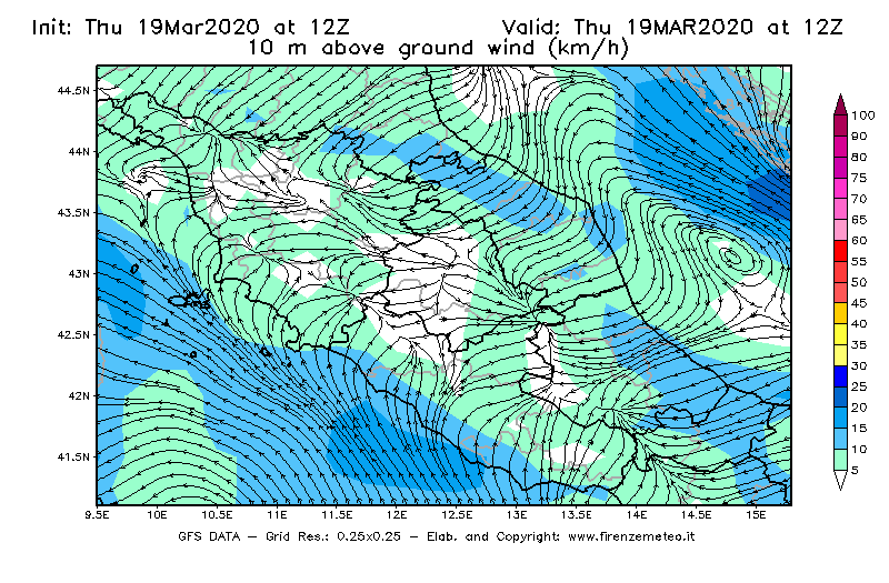 Mappa di analisi GFS - Velocità del vento a 10 metri dal suolo [km/h] in Centro-Italia
							del 19/03/2020 12 <!--googleoff: index-->UTC<!--googleon: index-->