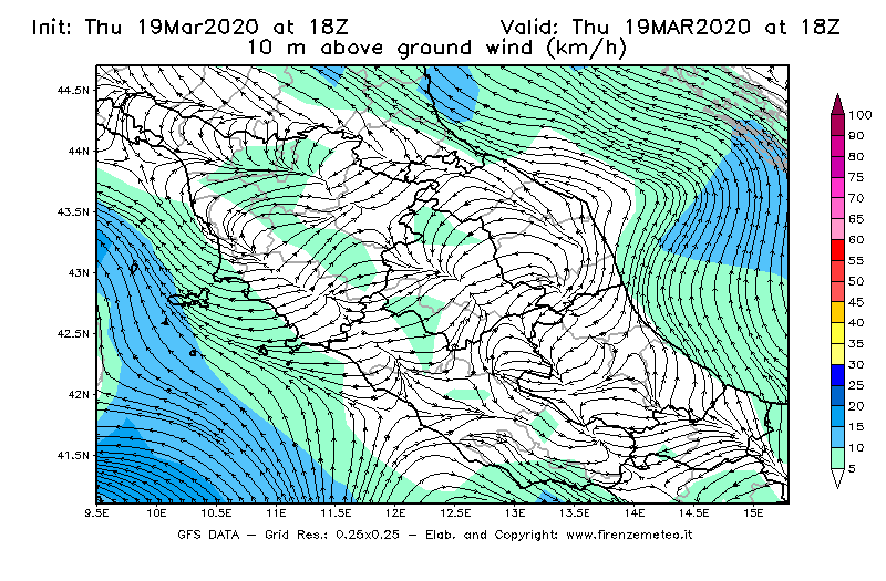 Mappa di analisi GFS - Velocità del vento a 10 metri dal suolo [km/h] in Centro-Italia
							del 19/03/2020 18 <!--googleoff: index-->UTC<!--googleon: index-->