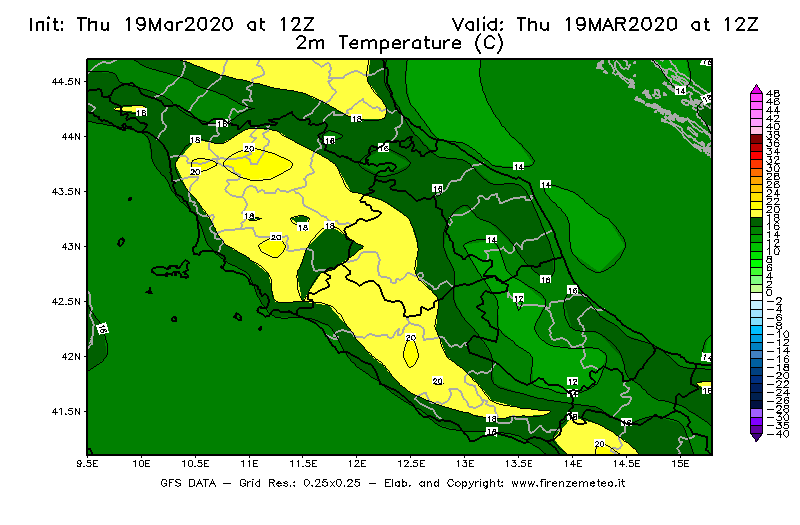 Mappa di analisi GFS - Temperatura a 2 metri dal suolo [°C] in Centro-Italia
							del 19/03/2020 12 <!--googleoff: index-->UTC<!--googleon: index-->