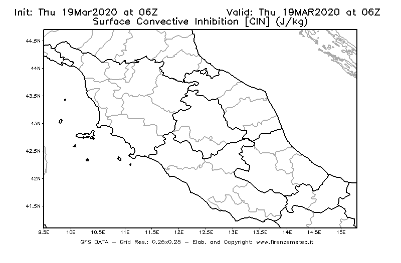 Mappa di analisi GFS - CIN [J/kg] in Centro-Italia
							del 19/03/2020 06 <!--googleoff: index-->UTC<!--googleon: index-->