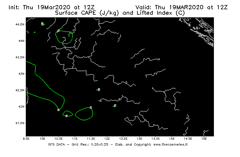 Mappa di analisi GFS - CAPE [J/kg] e Lifted Index [°C] in Centro-Italia
							del 19/03/2020 12 <!--googleoff: index-->UTC<!--googleon: index-->