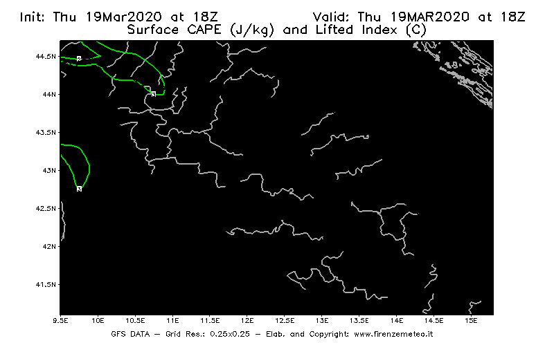 Mappa di analisi GFS - CAPE [J/kg] e Lifted Index [°C] in Centro-Italia
							del 19/03/2020 18 <!--googleoff: index-->UTC<!--googleon: index-->