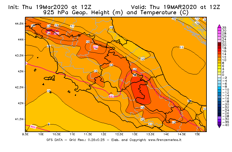 Mappa di analisi GFS - Geopotenziale [m] e Temperatura [°C] a 925 hPa in Centro-Italia
							del 19/03/2020 12 <!--googleoff: index-->UTC<!--googleon: index-->