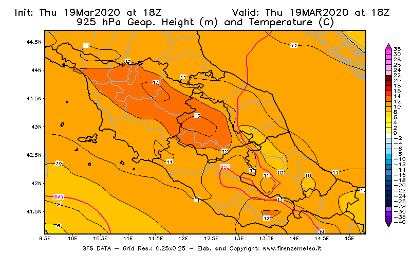 Mappa di analisi GFS - Geopotenziale [m] e Temperatura [°C] a 925 hPa in Centro-Italia
							del 19/03/2020 18 <!--googleoff: index-->UTC<!--googleon: index-->