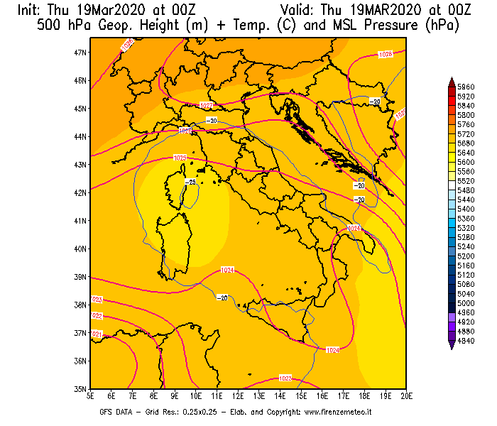 Mappa di analisi GFS - Geopotenziale [m] + Temp. [°C] a 500 hPa + Press. a livello del mare [hPa] in Italia
							del 19/03/2020 00 <!--googleoff: index-->UTC<!--googleon: index-->