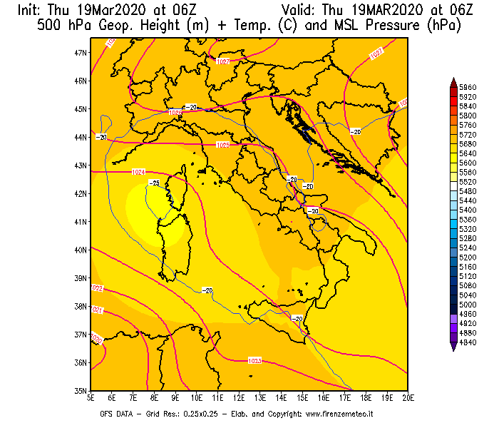 Mappa di analisi GFS - Geopotenziale [m] + Temp. [°C] a 500 hPa + Press. a livello del mare [hPa] in Italia
							del 19/03/2020 06 <!--googleoff: index-->UTC<!--googleon: index-->