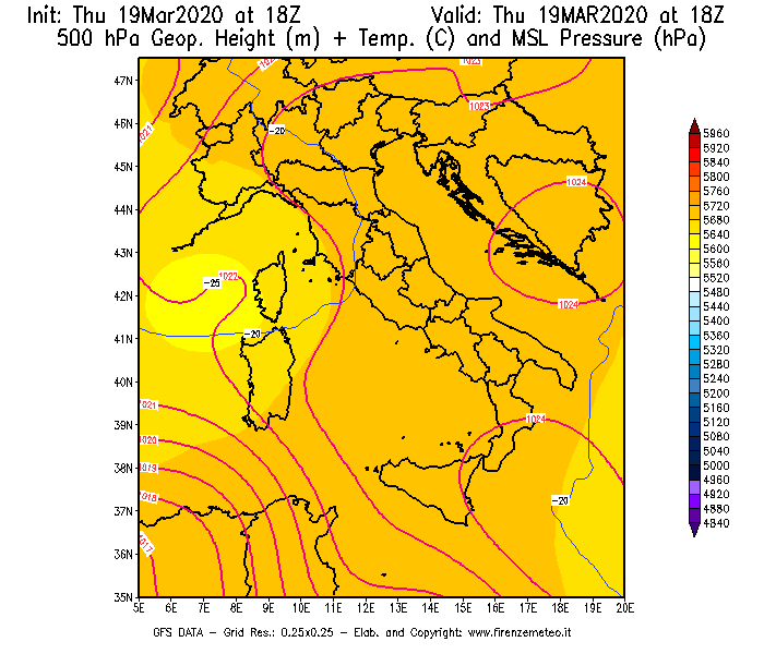 Mappa di analisi GFS - Geopotenziale [m] + Temp. [°C] a 500 hPa + Press. a livello del mare [hPa] in Italia
							del 19/03/2020 18 <!--googleoff: index-->UTC<!--googleon: index-->