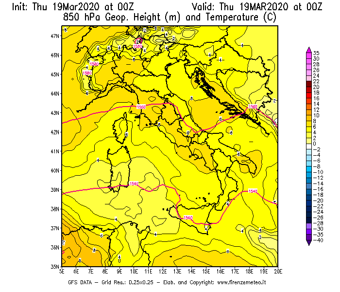 Mappa di analisi GFS - Geopotenziale [m] e Temperatura [°C] a 850 hPa in Italia
							del 19/03/2020 00 <!--googleoff: index-->UTC<!--googleon: index-->