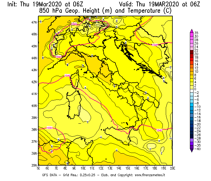 Mappa di analisi GFS - Geopotenziale [m] e Temperatura [°C] a 850 hPa in Italia
							del 19/03/2020 06 <!--googleoff: index-->UTC<!--googleon: index-->