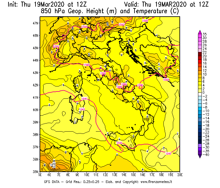 Mappa di analisi GFS - Geopotenziale [m] e Temperatura [°C] a 850 hPa in Italia
							del 19/03/2020 12 <!--googleoff: index-->UTC<!--googleon: index-->