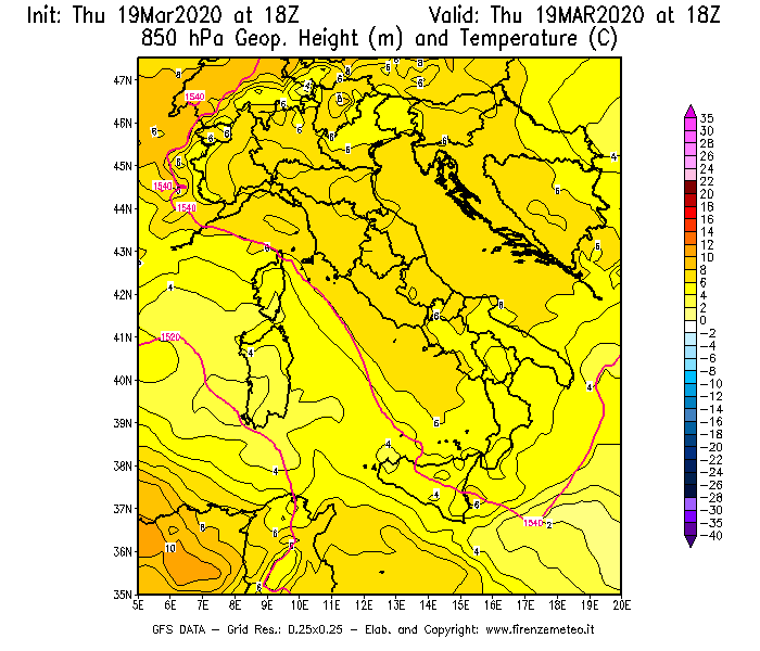 Mappa di analisi GFS - Geopotenziale [m] e Temperatura [°C] a 850 hPa in Italia
							del 19/03/2020 18 <!--googleoff: index-->UTC<!--googleon: index-->