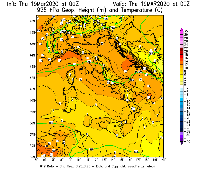 Mappa di analisi GFS - Geopotenziale [m] e Temperatura [°C] a 925 hPa in Italia
							del 19/03/2020 00 <!--googleoff: index-->UTC<!--googleon: index-->