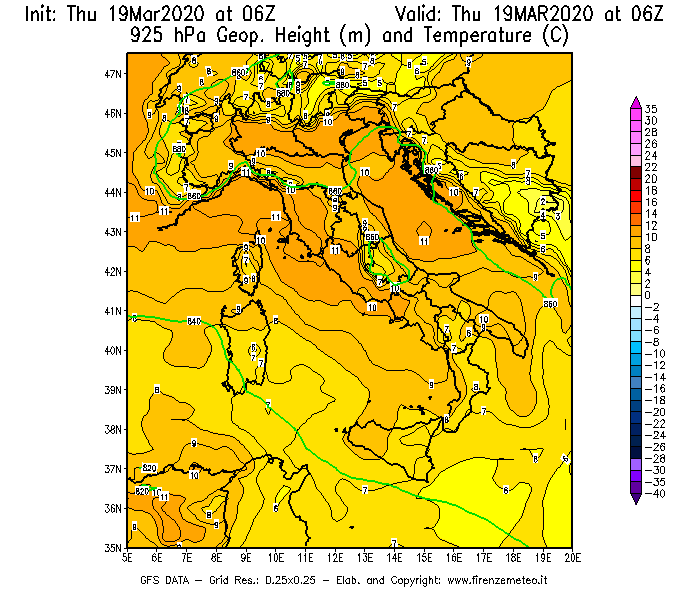 Mappa di analisi GFS - Geopotenziale [m] e Temperatura [°C] a 925 hPa in Italia
							del 19/03/2020 06 <!--googleoff: index-->UTC<!--googleon: index-->