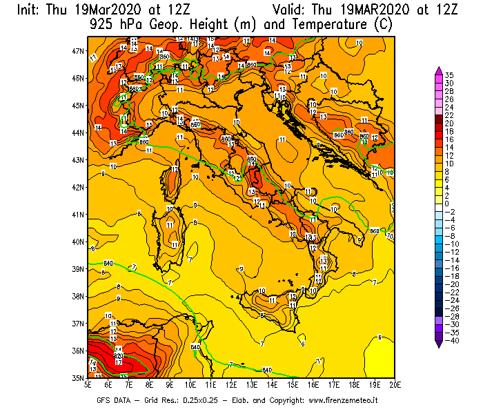 Mappa di analisi GFS - Geopotenziale [m] e Temperatura [°C] a 925 hPa in Italia
							del 19/03/2020 12 <!--googleoff: index-->UTC<!--googleon: index-->