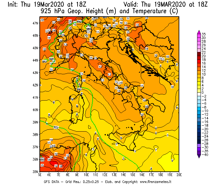 Mappa di analisi GFS - Geopotenziale [m] e Temperatura [°C] a 925 hPa in Italia
							del 19/03/2020 18 <!--googleoff: index-->UTC<!--googleon: index-->