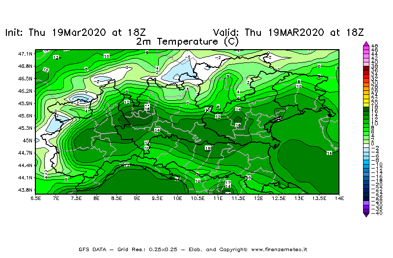 Mappa di analisi GFS - Temperatura a 2 metri dal suolo [°C] in Nord-Italia
							del 19/03/2020 18 <!--googleoff: index-->UTC<!--googleon: index-->