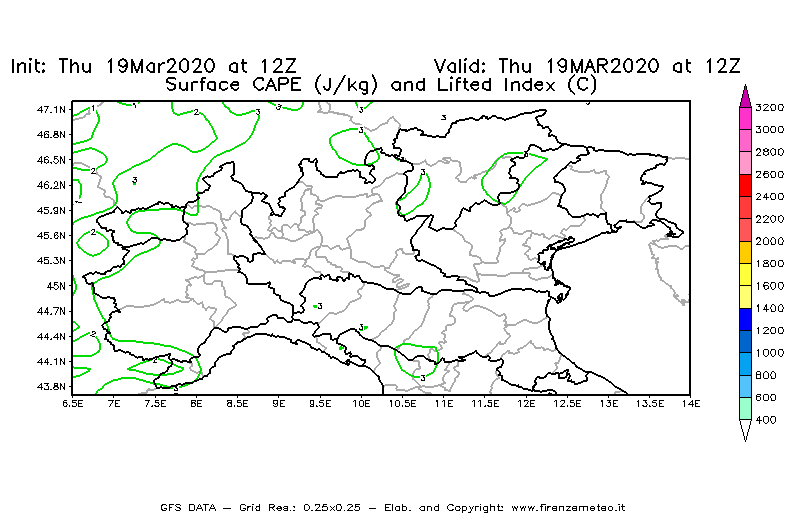 Mappa di analisi GFS - CAPE [J/kg] e Lifted Index [°C] in Nord-Italia
							del 19/03/2020 12 <!--googleoff: index-->UTC<!--googleon: index-->