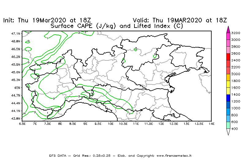 Mappa di analisi GFS - CAPE [J/kg] e Lifted Index [°C] in Nord-Italia
							del 19/03/2020 18 <!--googleoff: index-->UTC<!--googleon: index-->