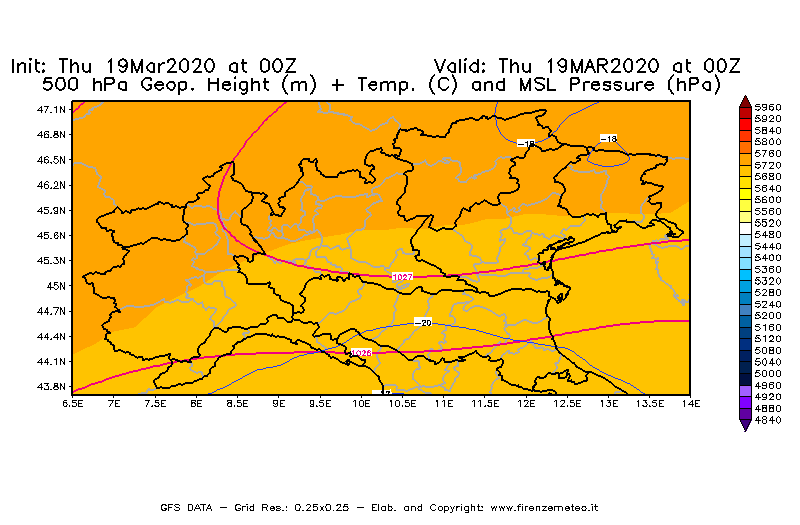 Mappa di analisi GFS - Geopotenziale [m] + Temp. [°C] a 500 hPa + Press. a livello del mare [hPa] in Nord-Italia
							del 19/03/2020 00 <!--googleoff: index-->UTC<!--googleon: index-->