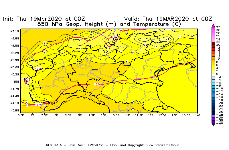 Mappa di analisi GFS - Geopotenziale [m] e Temperatura [°C] a 850 hPa in Nord-Italia
							del 19/03/2020 00 <!--googleoff: index-->UTC<!--googleon: index-->