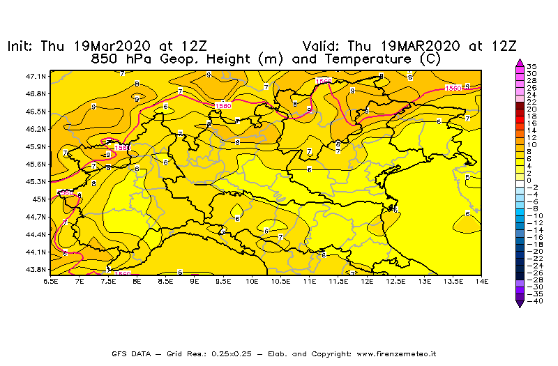 Mappa di analisi GFS - Geopotenziale [m] e Temperatura [°C] a 850 hPa in Nord-Italia
							del 19/03/2020 12 <!--googleoff: index-->UTC<!--googleon: index-->