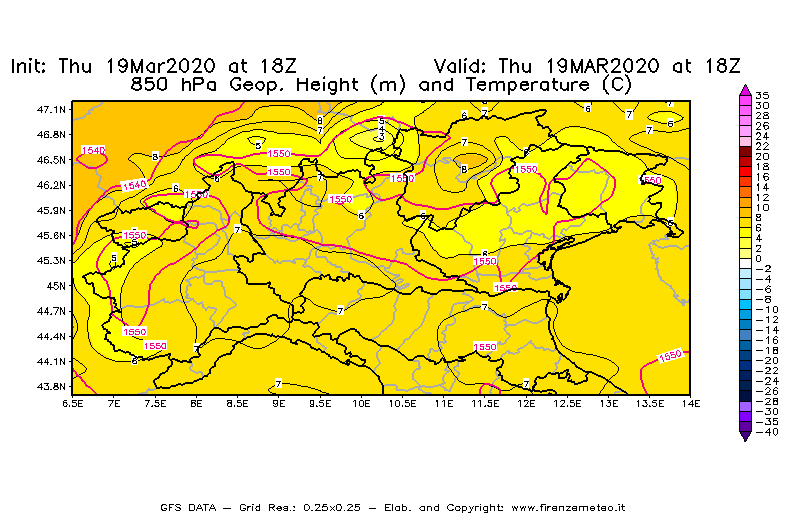 Mappa di analisi GFS - Geopotenziale [m] e Temperatura [°C] a 850 hPa in Nord-Italia
							del 19/03/2020 18 <!--googleoff: index-->UTC<!--googleon: index-->