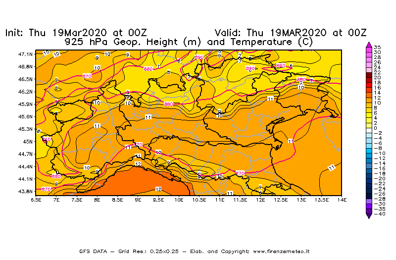 Mappa di analisi GFS - Geopotenziale [m] e Temperatura [°C] a 925 hPa in Nord-Italia
							del 19/03/2020 00 <!--googleoff: index-->UTC<!--googleon: index-->