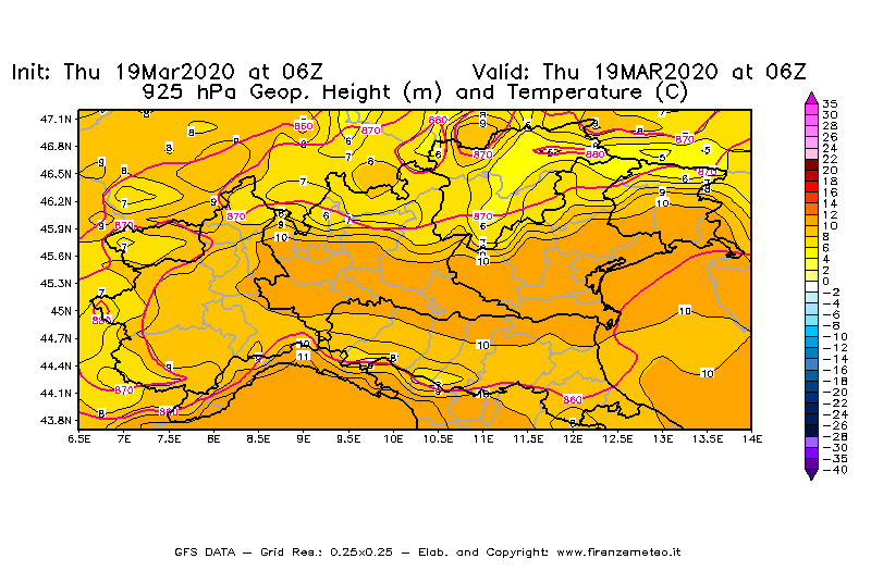 Mappa di analisi GFS - Geopotenziale [m] e Temperatura [°C] a 925 hPa in Nord-Italia
							del 19/03/2020 06 <!--googleoff: index-->UTC<!--googleon: index-->