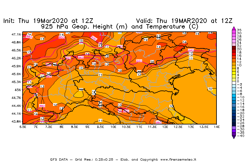 Mappa di analisi GFS - Geopotenziale [m] e Temperatura [°C] a 925 hPa in Nord-Italia
							del 19/03/2020 12 <!--googleoff: index-->UTC<!--googleon: index-->