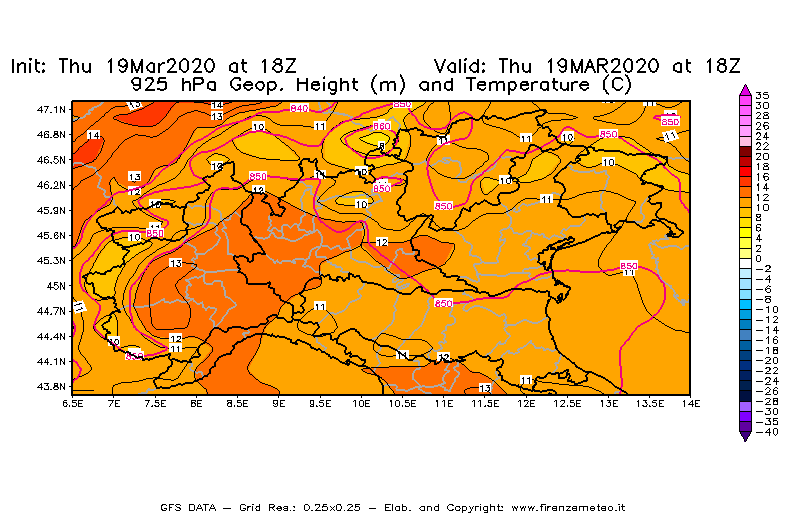 Mappa di analisi GFS - Geopotenziale [m] e Temperatura [°C] a 925 hPa in Nord-Italia
							del 19/03/2020 18 <!--googleoff: index-->UTC<!--googleon: index-->
