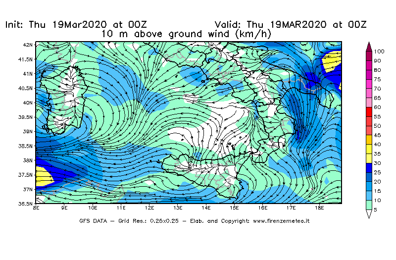 Mappa di analisi GFS - Velocità del vento a 10 metri dal suolo [km/h] in Sud-Italia
							del 19/03/2020 00 <!--googleoff: index-->UTC<!--googleon: index-->