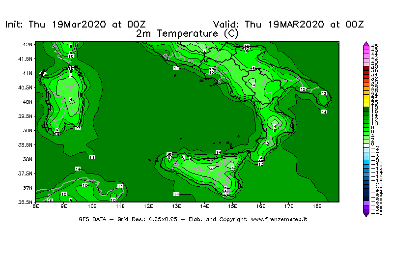 Mappa di analisi GFS - Temperatura a 2 metri dal suolo [°C] in Sud-Italia
							del 19/03/2020 00 <!--googleoff: index-->UTC<!--googleon: index-->