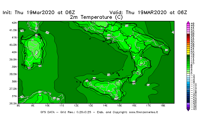 Mappa di analisi GFS - Temperatura a 2 metri dal suolo [°C] in Sud-Italia
							del 19/03/2020 06 <!--googleoff: index-->UTC<!--googleon: index-->