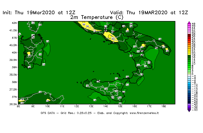 Mappa di analisi GFS - Temperatura a 2 metri dal suolo [°C] in Sud-Italia
							del 19/03/2020 12 <!--googleoff: index-->UTC<!--googleon: index-->