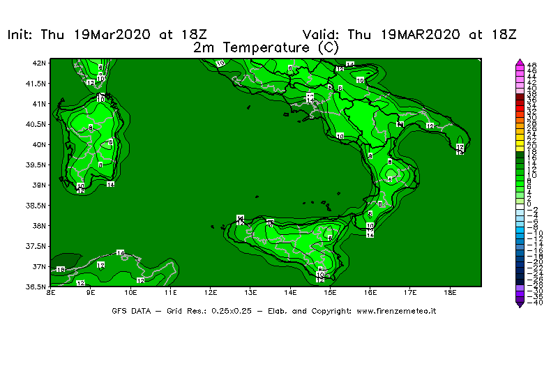 Mappa di analisi GFS - Temperatura a 2 metri dal suolo [°C] in Sud-Italia
							del 19/03/2020 18 <!--googleoff: index-->UTC<!--googleon: index-->