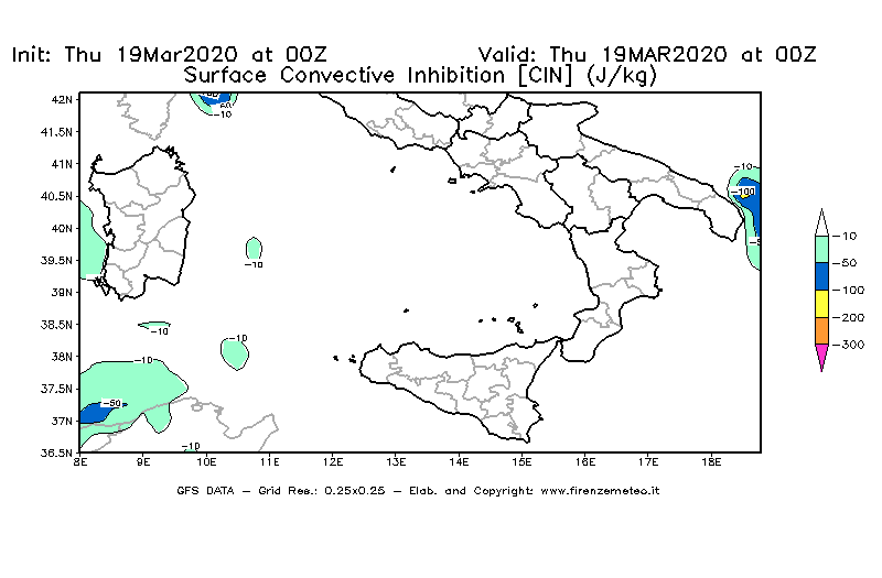 Mappa di analisi GFS - CIN [J/kg] in Sud-Italia
							del 19/03/2020 00 <!--googleoff: index-->UTC<!--googleon: index-->