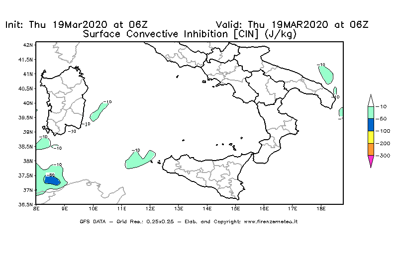 Mappa di analisi GFS - CIN [J/kg] in Sud-Italia
							del 19/03/2020 06 <!--googleoff: index-->UTC<!--googleon: index-->
