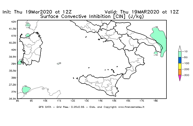 Mappa di analisi GFS - CIN [J/kg] in Sud-Italia
							del 19/03/2020 12 <!--googleoff: index-->UTC<!--googleon: index-->